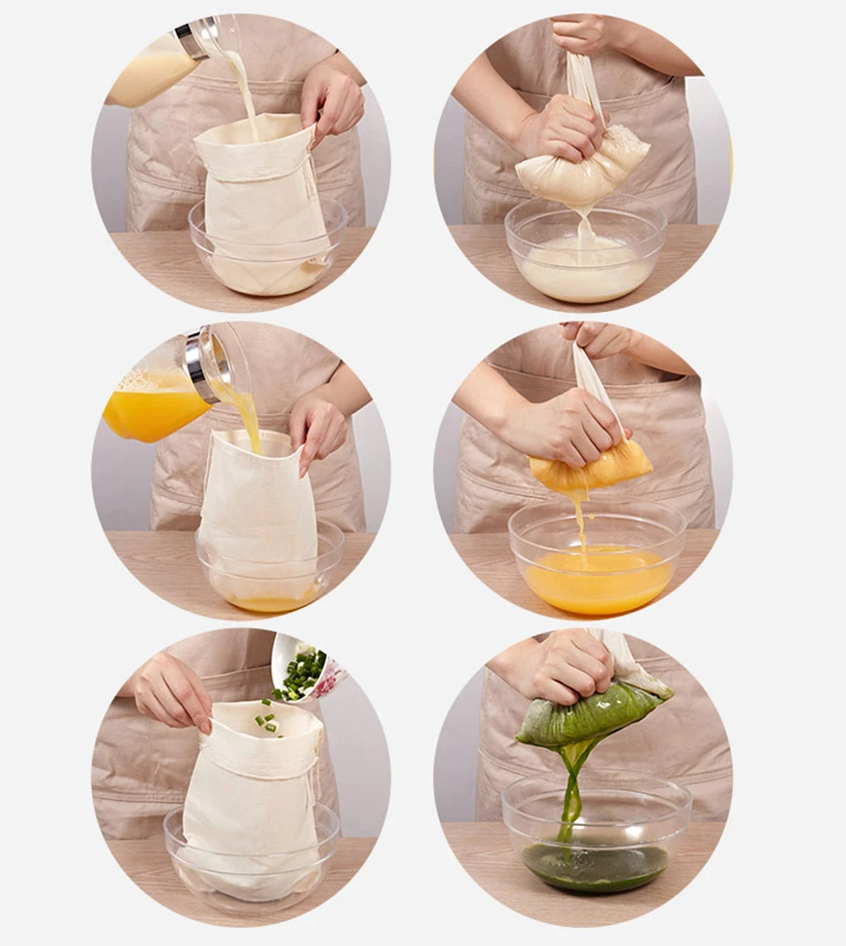 Eco-friendly unbleached organic cheesecloth in use, straining fresh juice or homemade broth.